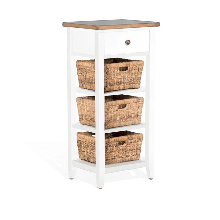 Sunny Designs Farmhouse Wood Storage Rack with Woven Baskets White Natural - Bed & Sofa Hub