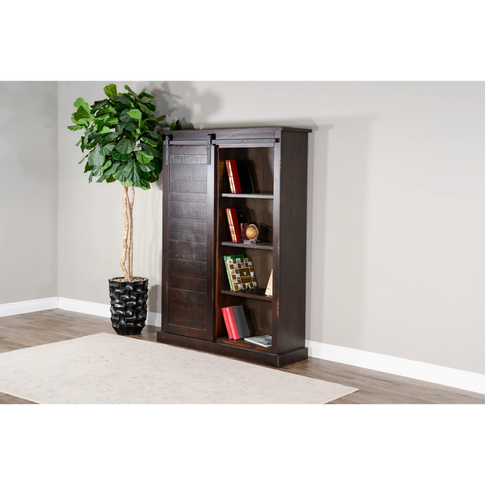 Sunny Designs 66" Adjustable Shelf Barn Door Wood Bookcase in Charred Oak - Bed & Sofa Hub