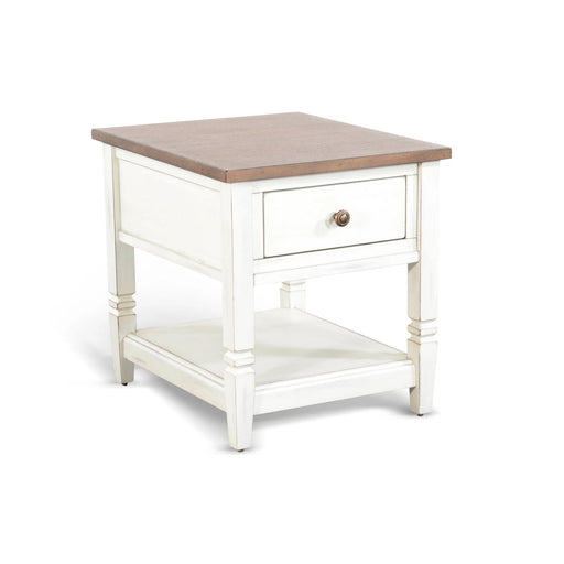Sunny Designs Pasadena 1-Drawer Farmhouse Mahogany End Table in Off White Marble White and Buck Skin - Bed & Sofa Hub