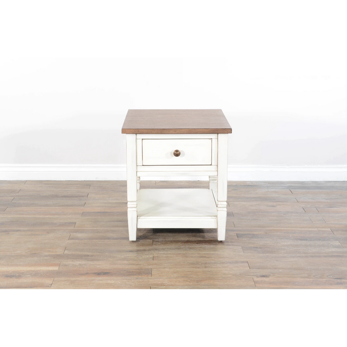 Sunny Designs Pasadena 1-Drawer Farmhouse Mahogany End Table in Off White Marble White and Buck Skin - Bed & Sofa Hub