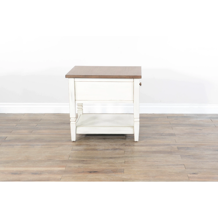 Sunny Designs Pasadena 1-Drawer Farmhouse Mahogany End Table in Off White Marble White and Buck Skin - Bed & Sofa Hub