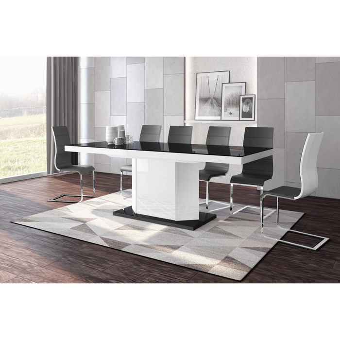 Maxima House Dining Set Diego 7 Pcs. White Modern Glossy Dining Table with 2 Self-Starting Leaves Plus 6 Chairs - Bed & Sofa Hub