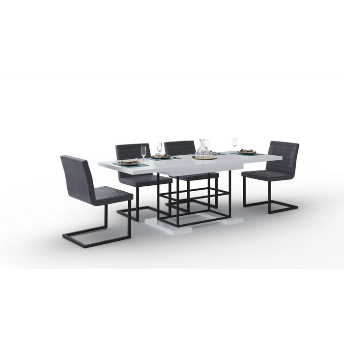 Maxima House Dining Set Anie 7 Pcs. White Modern Glossy Dining Table with 2 Self-Starting Leaves Plus 6 Chairs - Bed & Sofa Hub