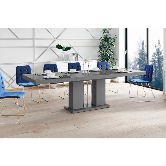 Maxima House Dining Set Nossa 7 Pcs. Gray Modern Glossy Dining Table with 2 Self-Starting Leaves Plus 6 Chairs - Bed & Sofa Hub