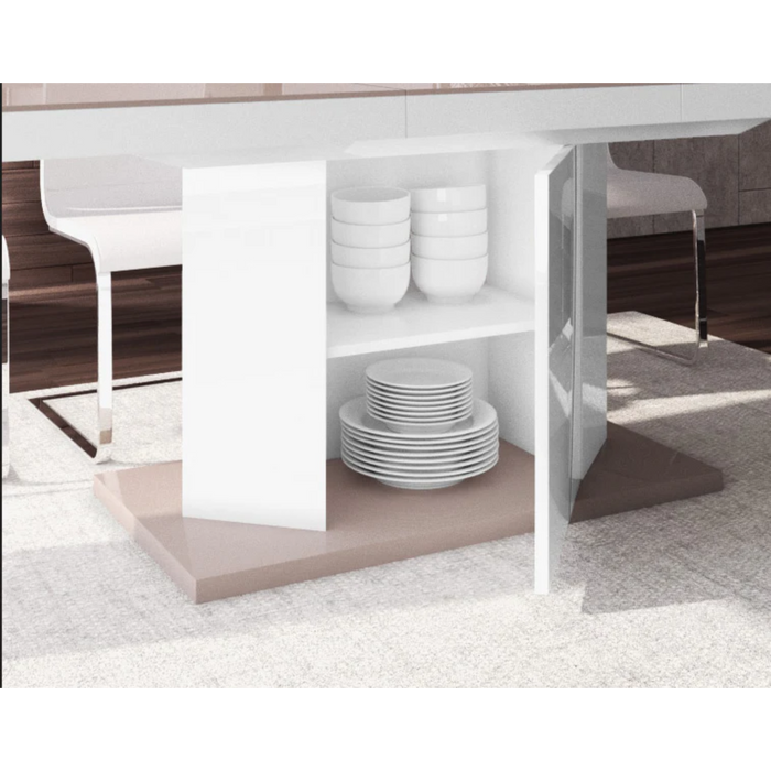 Maxima House Dining Set Diego 7 Pcs. Beige/ White Modern Glossy Dining Table with 2 Self-Storing Leaves Plus 6 White Chairs - Bed & Sofa Hub