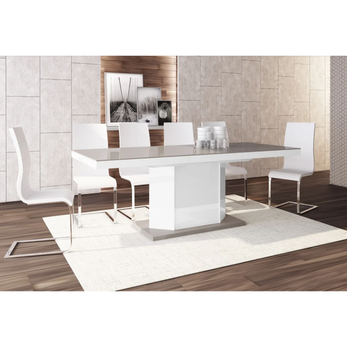 Maxima House Dining Set Diego 7 Pcs. Beige/ White Modern Glossy Dining Table with 2 Self-Storing Leaves Plus 6 White Chairs - Bed & Sofa Hub
