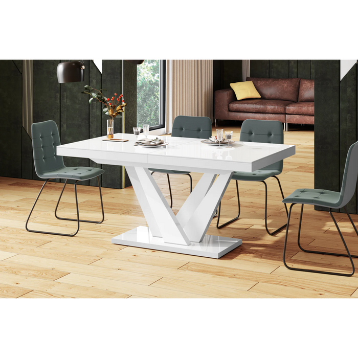 Maxima House Dining Set Chara 7 Pcs. White Modern Glossy Dining Table with 2 Self-Starting Leaves Plus 6 Chairs - Bed & Sofa Hub