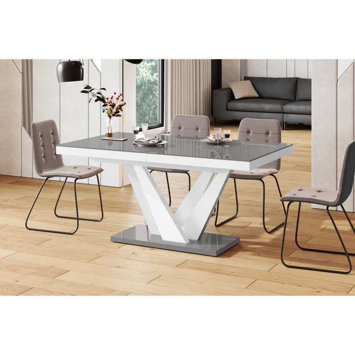 Maxima House Dining Set Chara 7 Pcs. Gray/white Modern Glossy Dining Table with 2 Self-Storing Leaves Plus 6 Chairs - Bed & Sofa Hub
