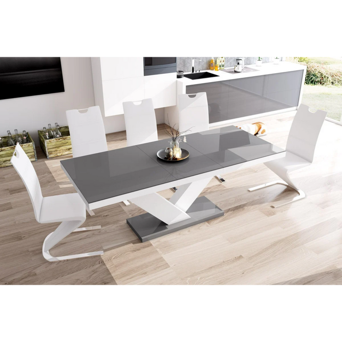 Maxima House Dining Set Toria 7 Pcs. Gray/white Modern Glossy Dining Table with 2 Self-Storing Leaves Plus 6 White Faux Leather Chairs - Bed & Sofa Hub
