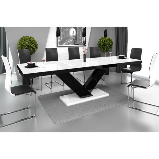 Maxima House Dining Set Toria 7 Pcs. Modern White/ Black Glossy Dining Table with 2 Self-Storing Leaves Plus 6 Chairs - Bed & Sofa Hub