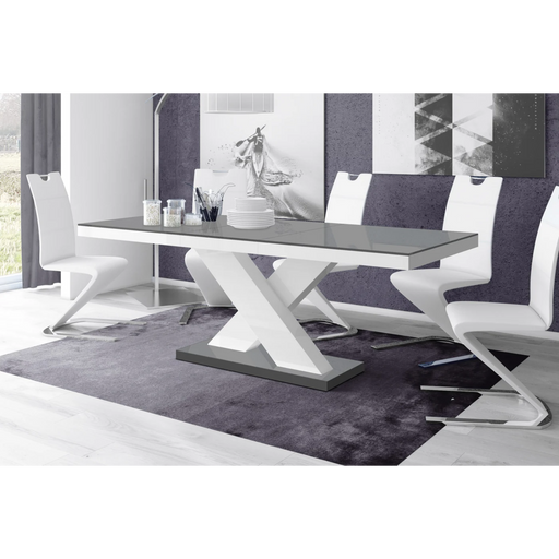 Maxima House Dining Set Xena 7 Pcs. Gray/white Modern Glossy Dining Table with 2 Self-Storing Leaves Plus 6 White Faux Leather Chairs - Bed & Sofa Hub
