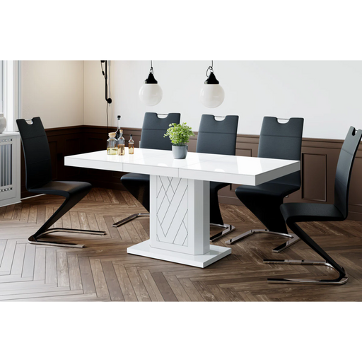Maxima House Dining Set Iva 7 Pcs. Modern White Glossy Dining Table with 1self-Starting Leaf Plus 6 Chairs - Bed & Sofa Hub