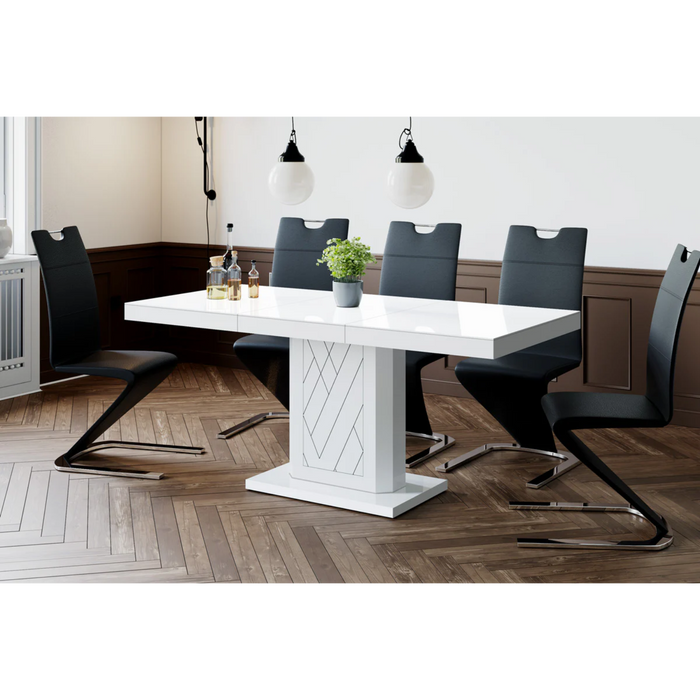 Maxima House Dining Set Iva 7 Pcs. Modern White Glossy Dining Table with 1self-Starting Leaf Plus 6 Chairs - Bed & Sofa Hub